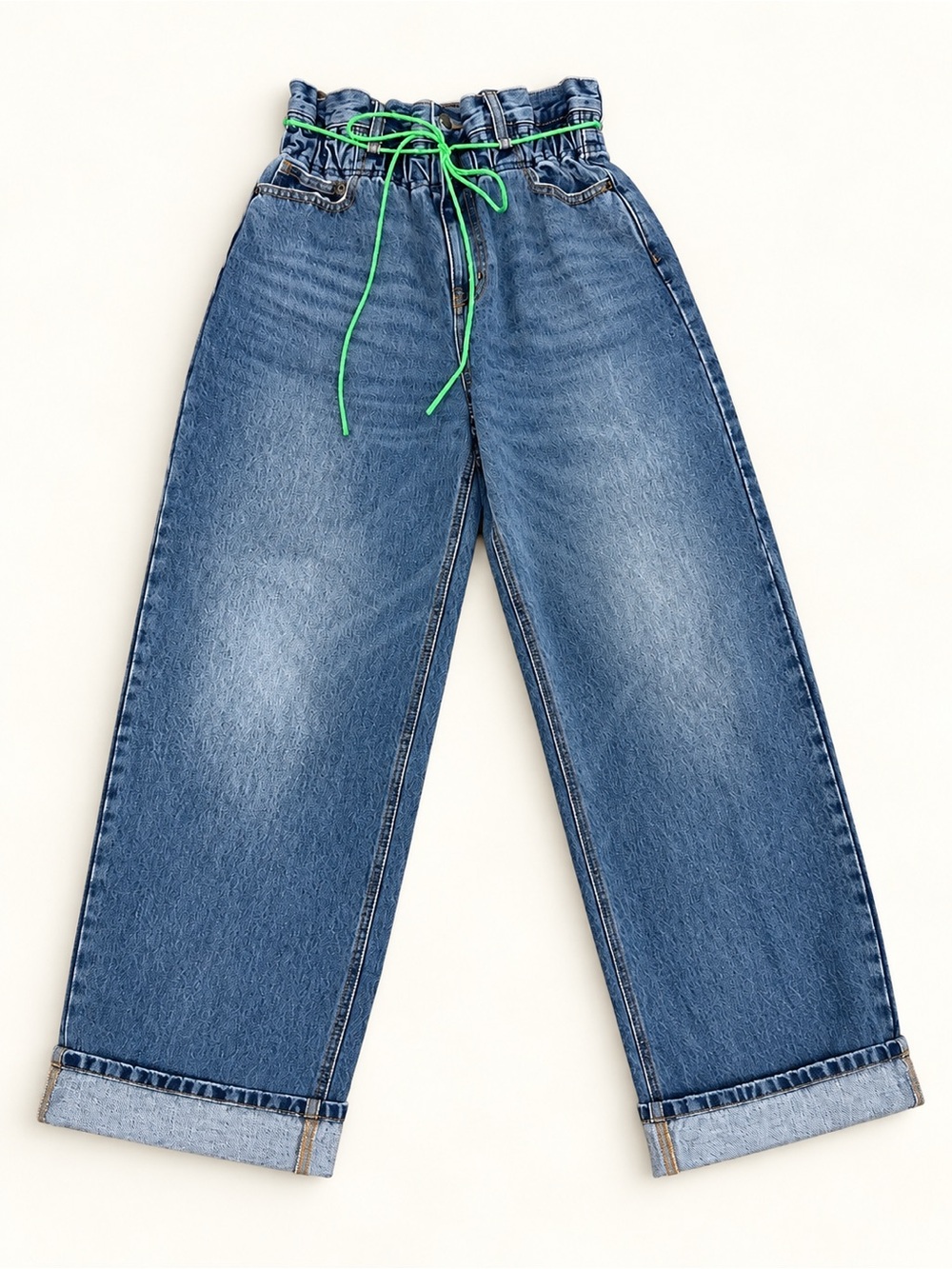 KanCan Paperbag Waist Jeans | Green Drawstring | Cuffed Denim